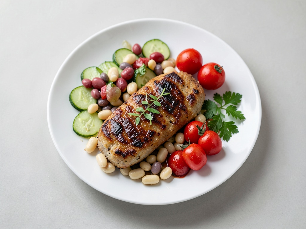 Escalopes grecques avec salade de haricots et trempette au concombre