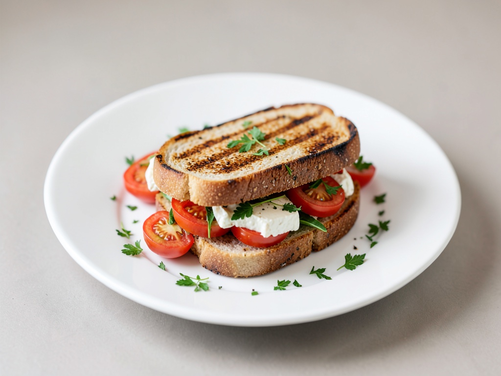 Sandwich alla griglia con formaggio di capra, pomodori e erbe fresche