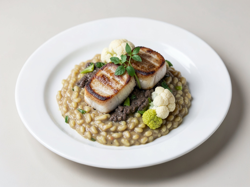 Merluzzo verde groenlandese su risotto al tartufo con cavolfiore