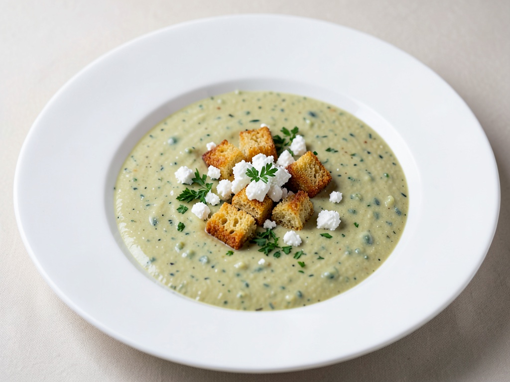 Sopa cremosa de guisantes con croutons crujientes y queso feta
