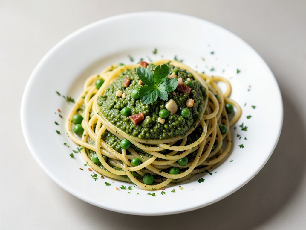 Veganes Spaghetti mit frischem Erbsen-Pesto