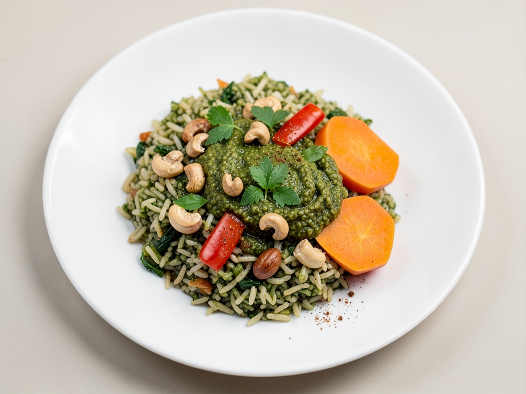 Riz vert avec patates douces au four et pesto aux arachides et herbes