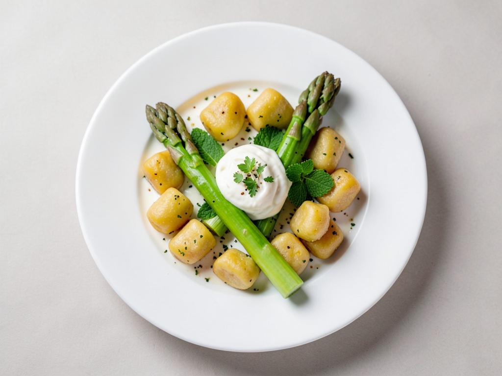 Grüner Spargel mit frischen Gnocchi und Crème fraîche
