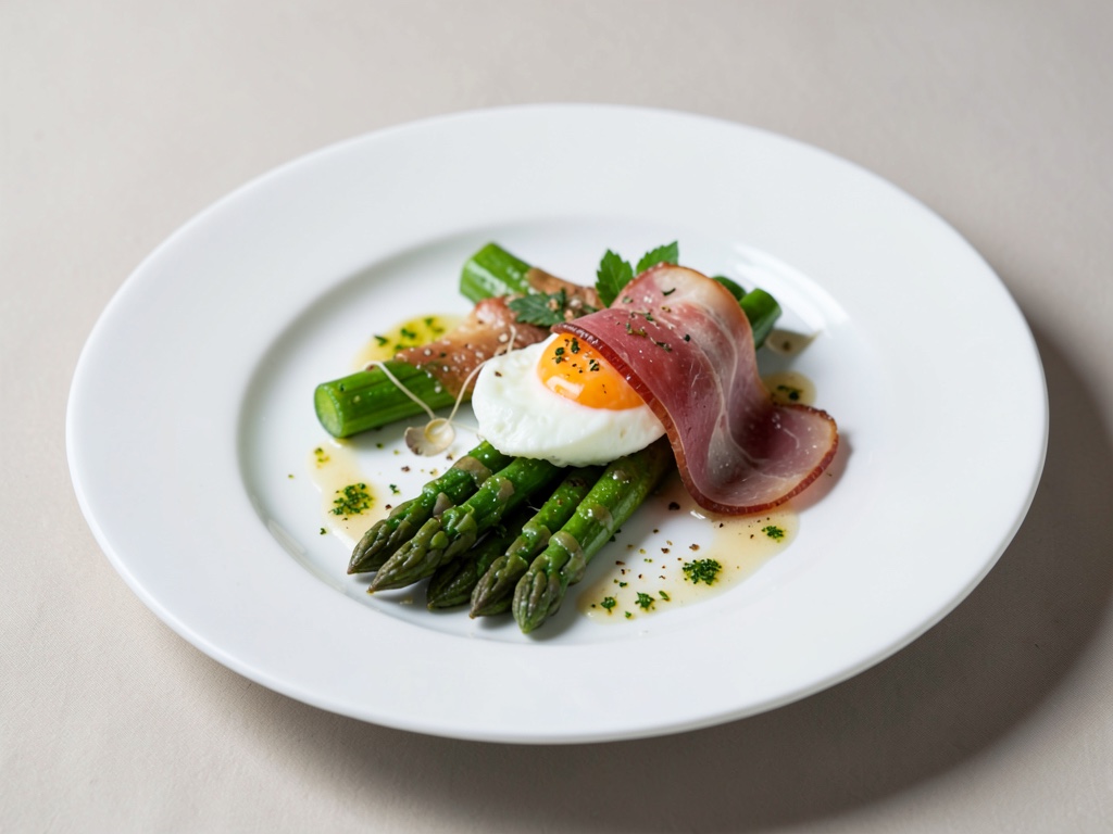 Espárragos verdes con huevo escalfado y jamón de Parma
