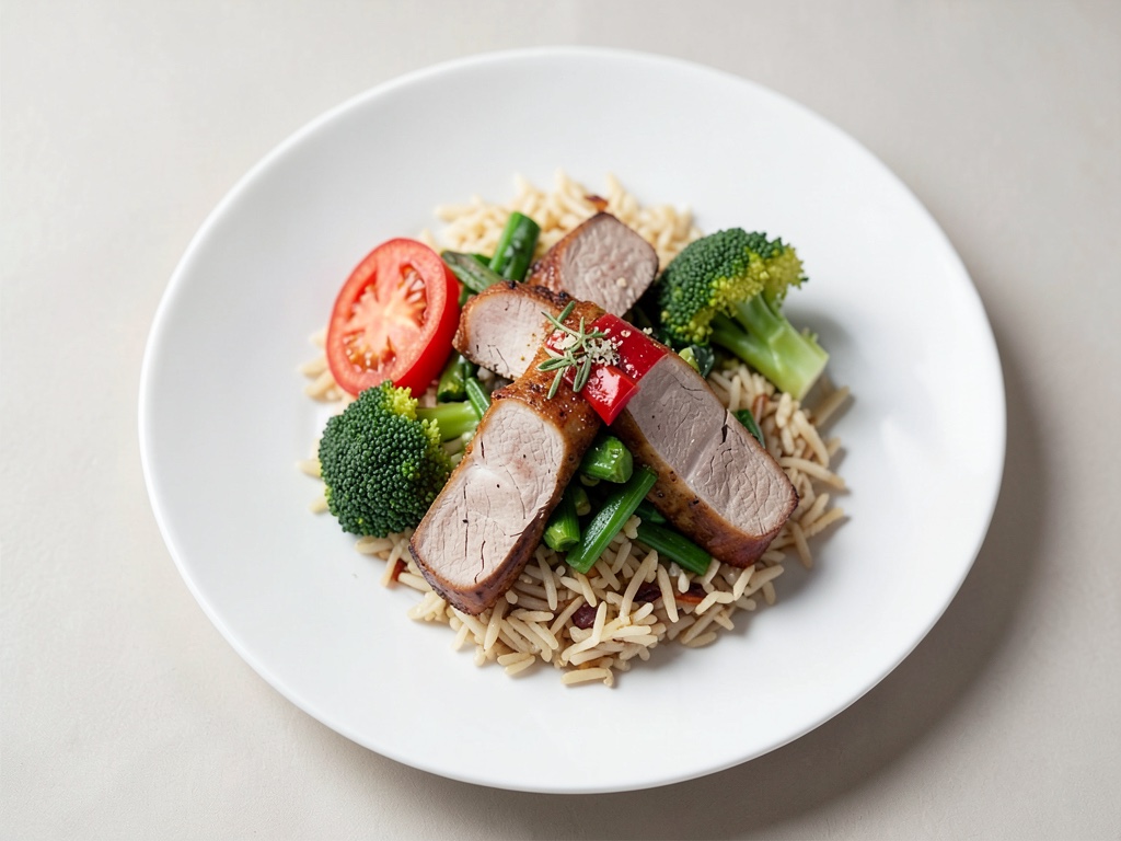 Striscioline di tacchino con verdure wok verdi e riso basmati