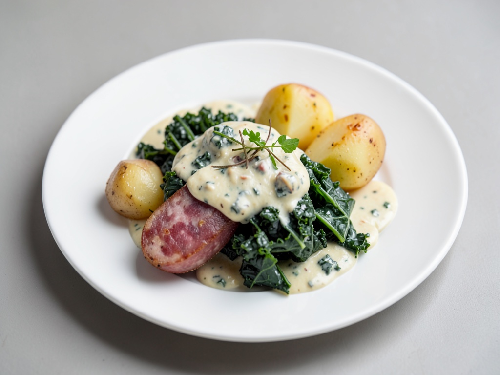 Cavolo nero cremoso con salsiccia Mettwurst e patate