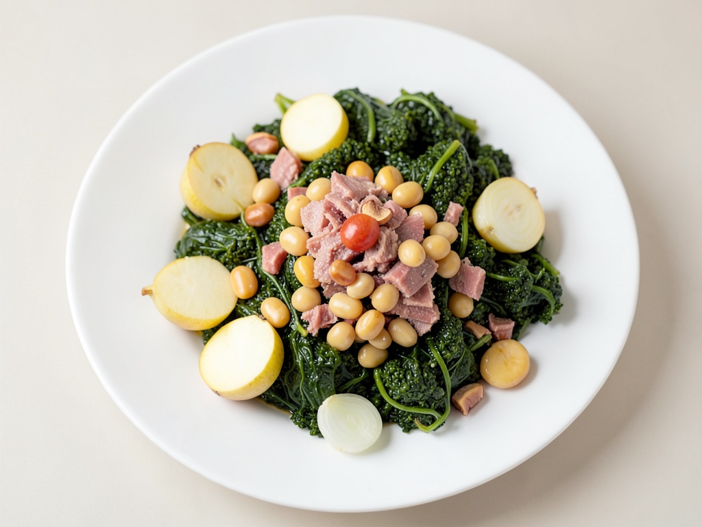 Cavolo riccio croccante con pancetta, pere e fagioli