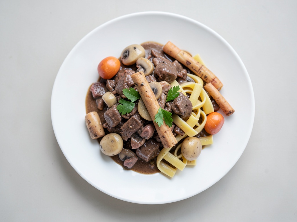 Gulasso cremoso con funghi champignon e tagliatelle