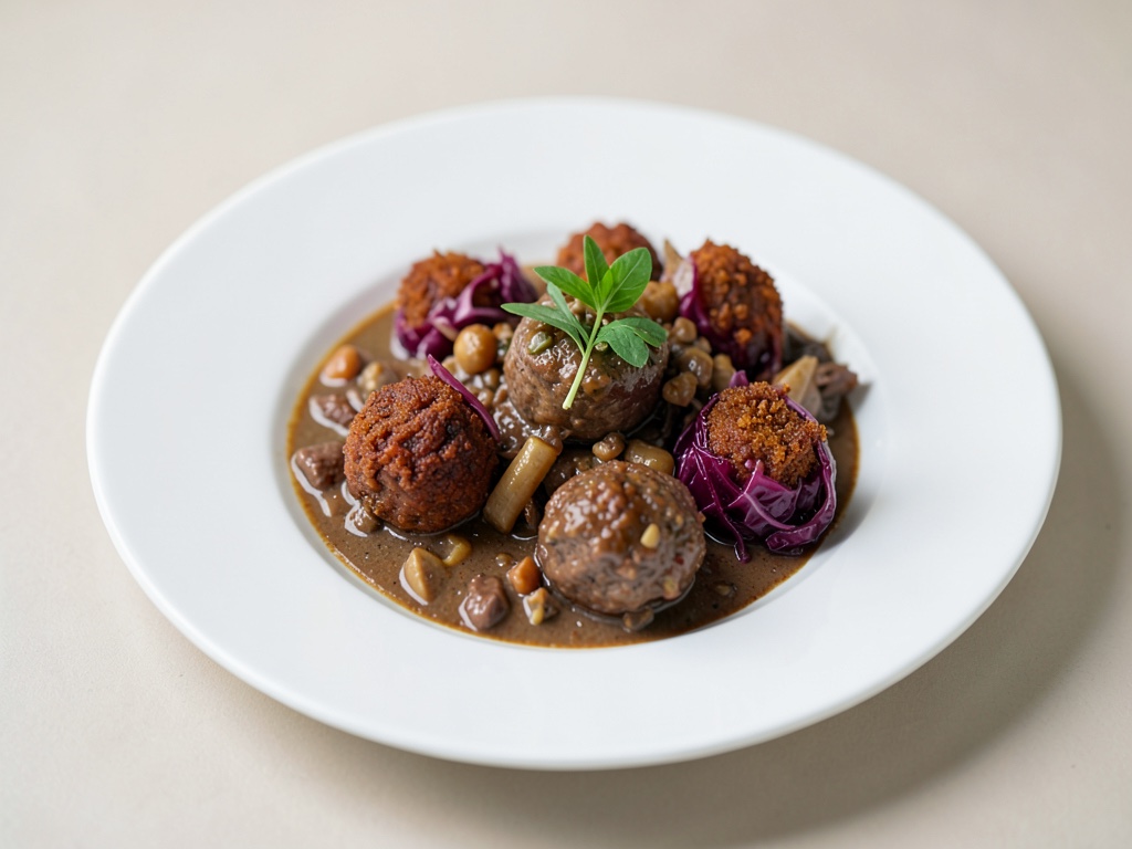 Gulasco di cervo con gnocchi croccanti di cavolo rosso