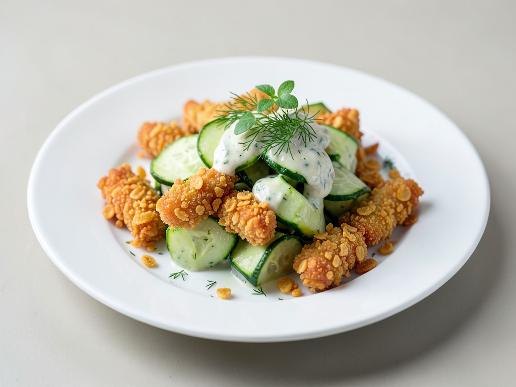 Knackiger Gurkensalat mit Dill-Dressing und knusprigen veganen Cornflakes-Schnitzeln