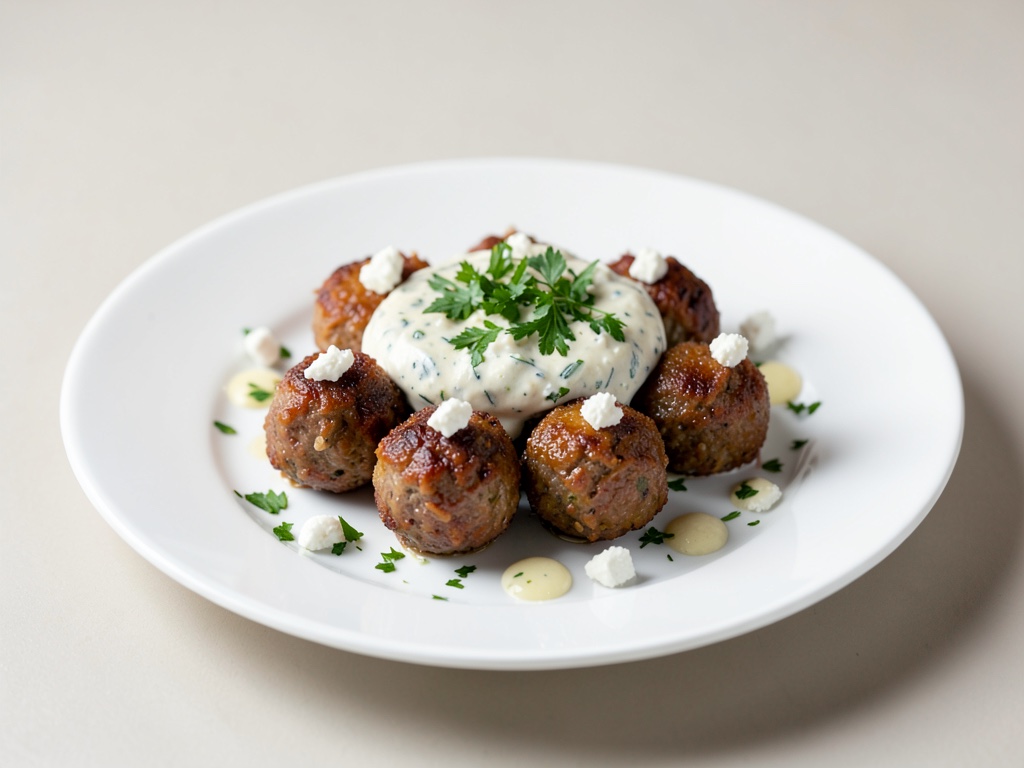 Albóndigas crujientes con feta y salsa de hierbas frescas