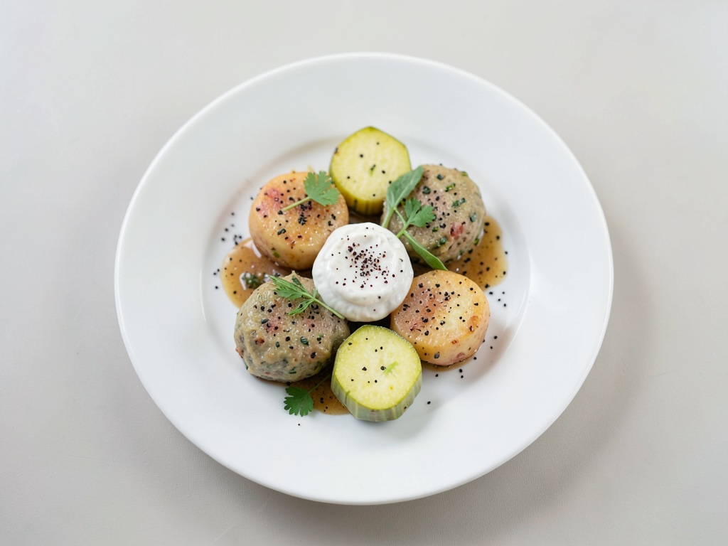 Polpette di carne con patatine di cavolo rapa e salsa alla senape