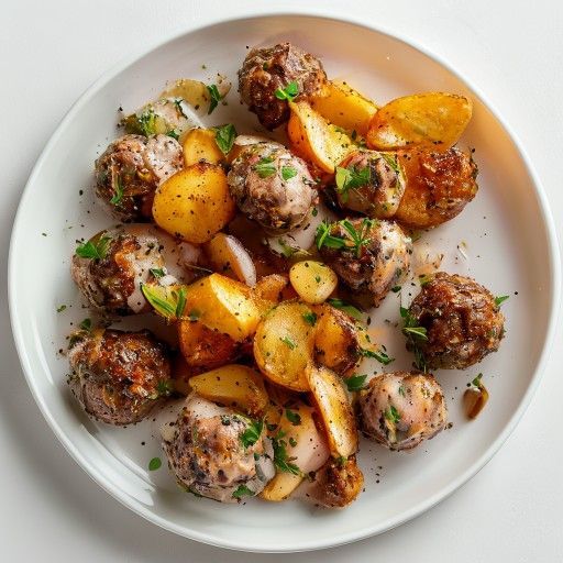 Polpette con cavolo rapa alla panna e patate al miele croccanti