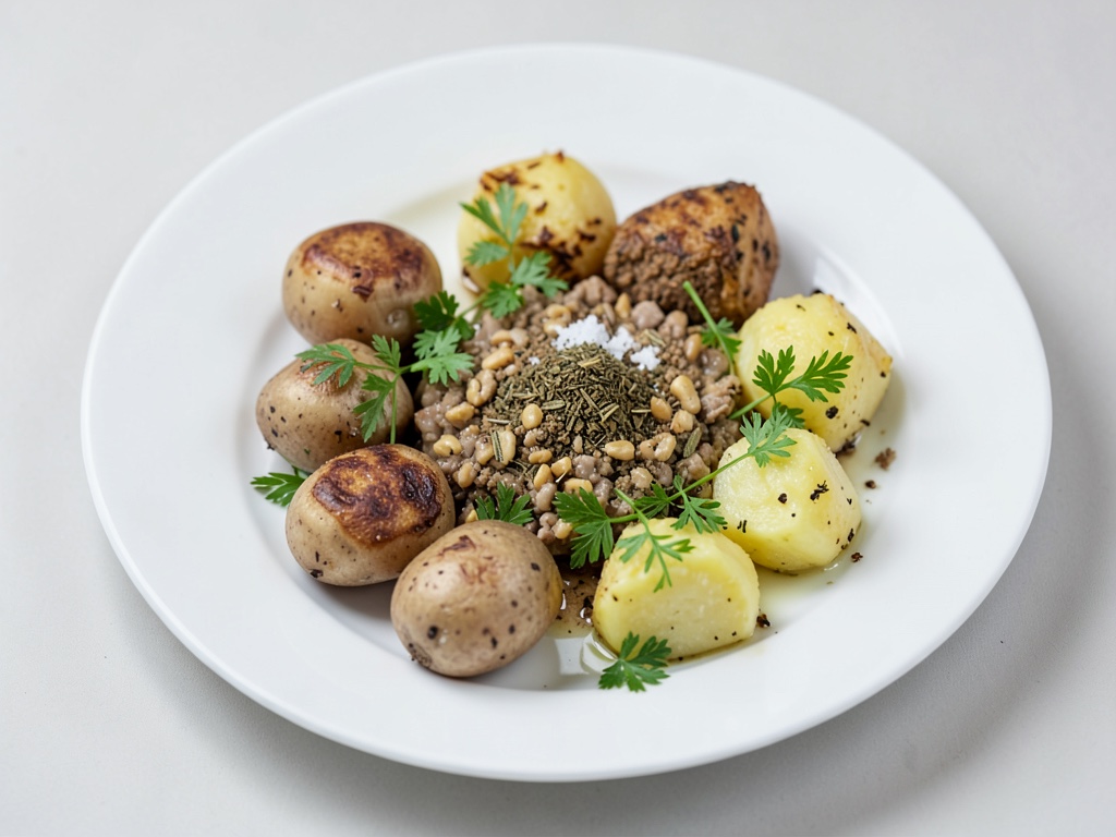 Boulettes de viande avec trempade au yaourt et pommes de terre au citron et persil