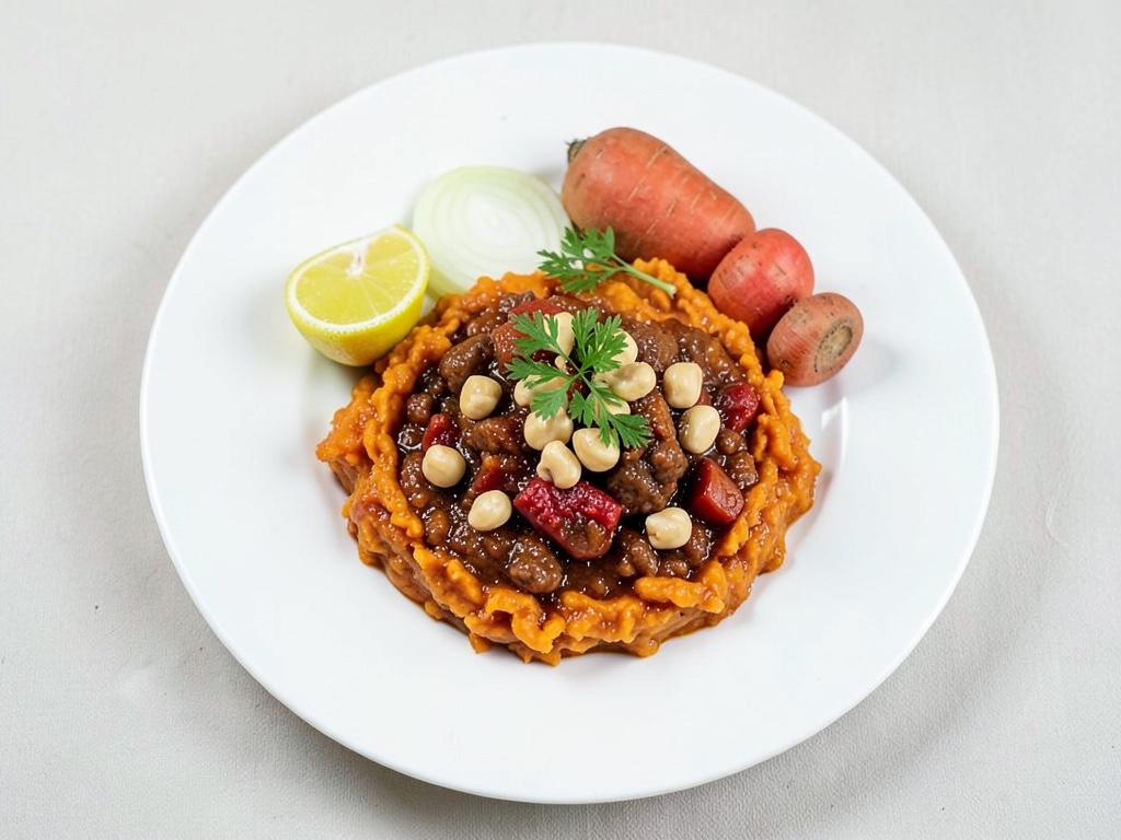 Chili piccante con carne macinata, purè cremoso di patate dolci e arachidi