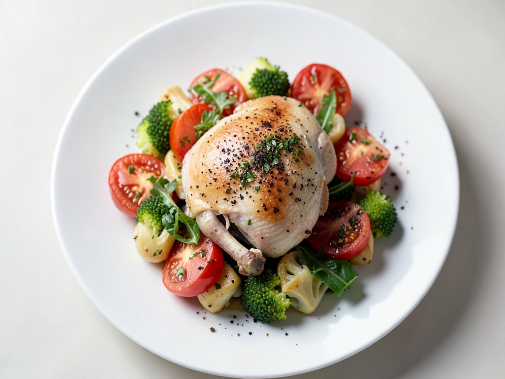 Cosce di pollo su verdure di pomodori e carciofi alla romana con gremolata
