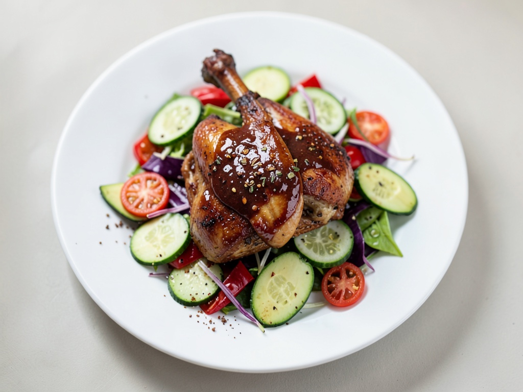Hähnchen in Kaffee-Chili-Marinade auf Salat mit Gurke und Avocado