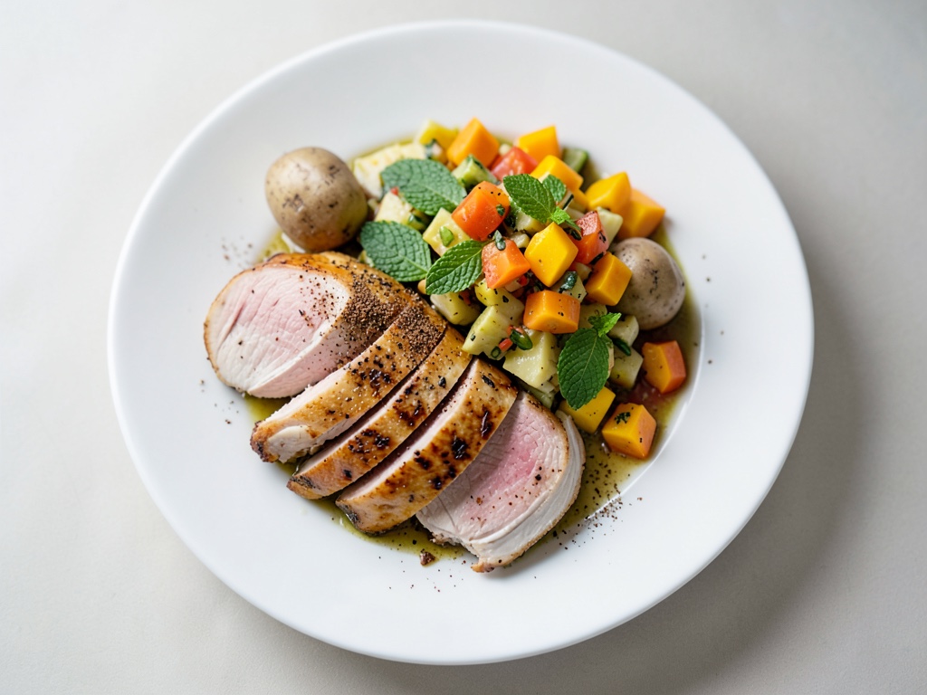 Pollo caraibico con insalata di patate alla menta e salsa di mango
