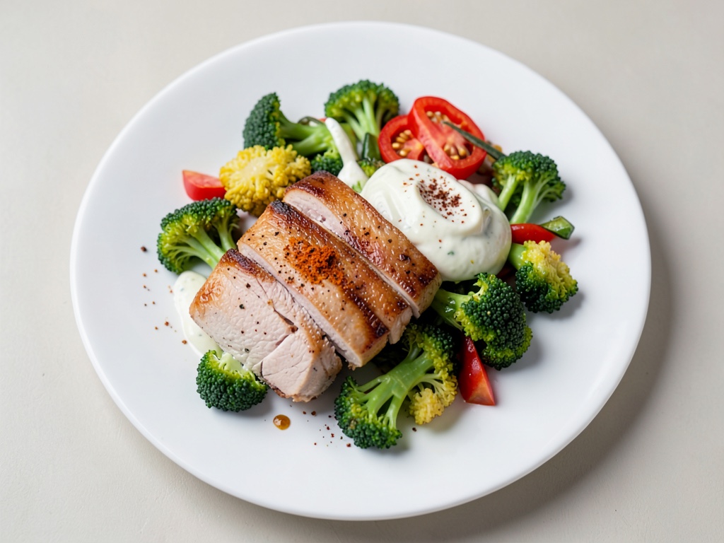 Pollo con insalata di bulgur e broccoli e yogurt all'aglio