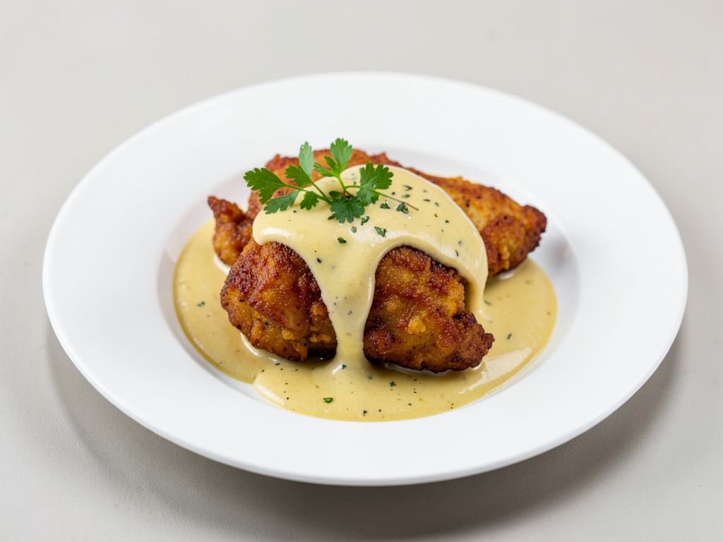 Pollo croccante con salsa al senf cremosa