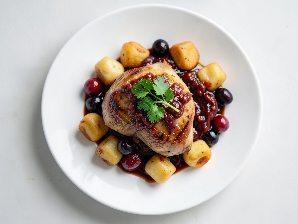 Pollo con gnocchi fritos y salsa de uvas
