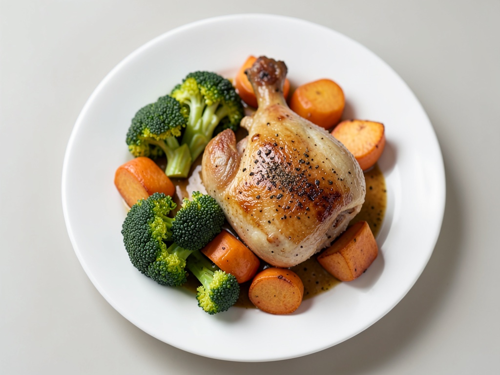 Pollo al forno con cavolo di Bruxelles croccante, patate dolci e chutney di mela e noci