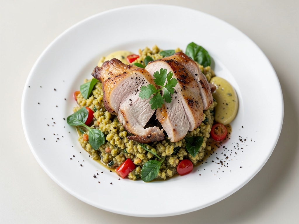 Filetti di pollo con verdure al forno, couscous alla menta e yogurt al limone