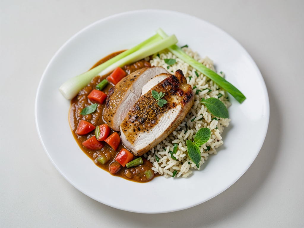 Filetti di pollo con riso al menta speziato e chutney di pomodori fruttato
