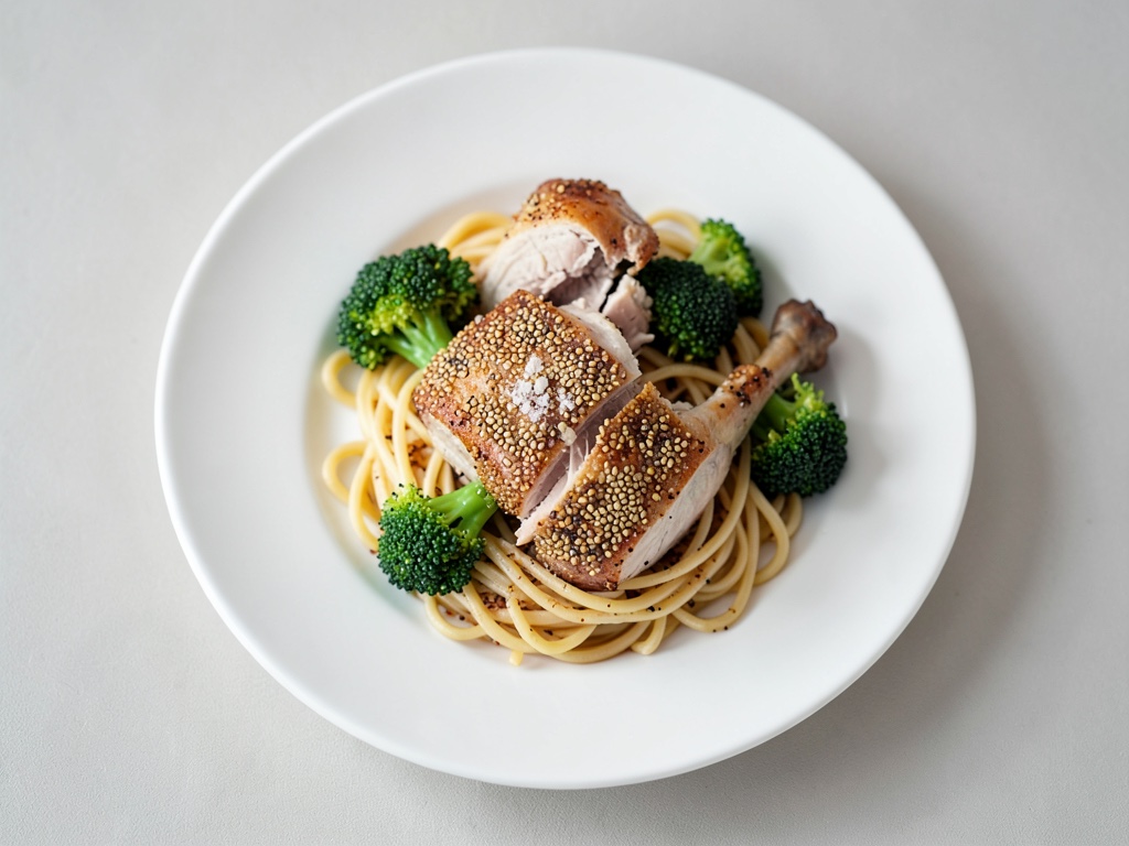 Knuspriges Sesam-Hähnchen auf Spaghetti mit Brokkoli