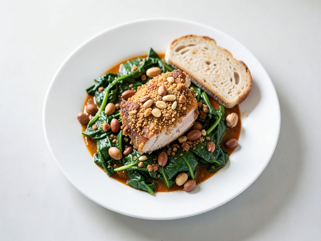 Pollo croccante con crosta di noci e spinaci al curry cremosi
