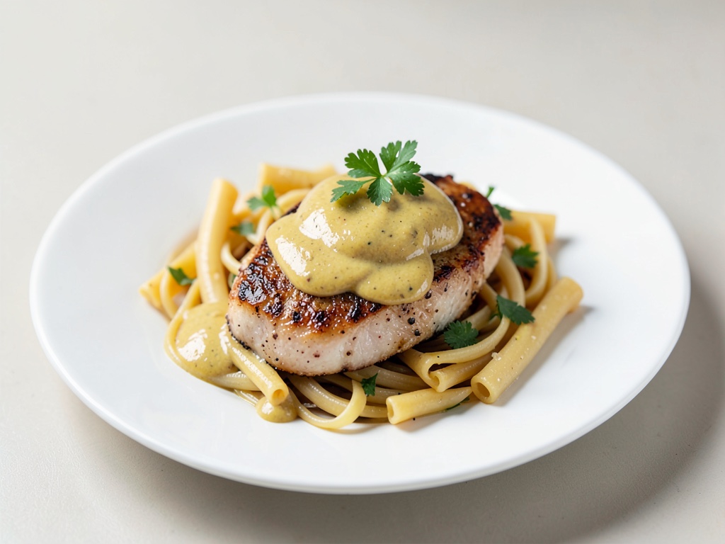 Petto di pollo con salsa cremosa al senape e cipolla e spätzle