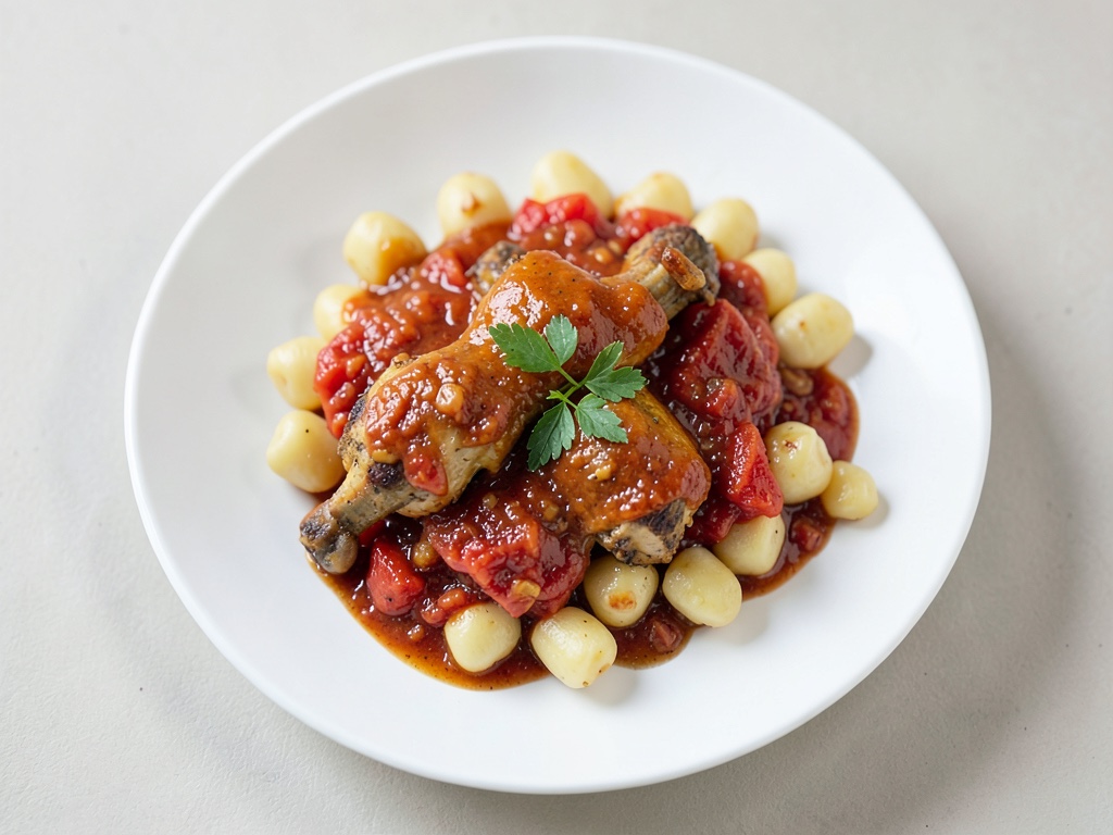 Parmigiana di pollo con sugo di pomodoro saporito e gnocchi