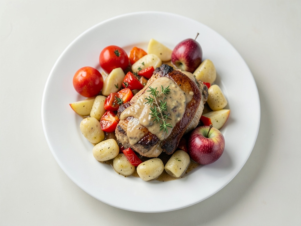 Piccata di pollo con verdure di mela e pomodoro e gnocchi