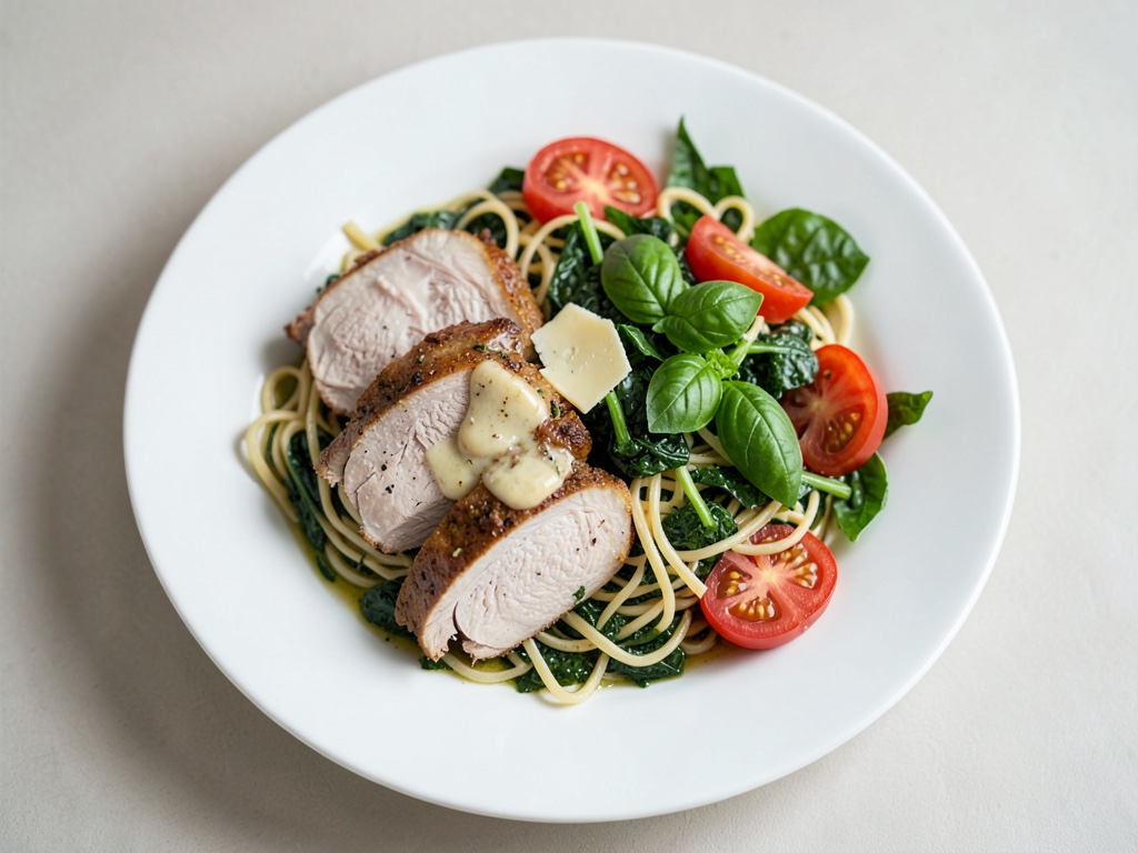 Pollo Piccata croccante con pasta agli spinaci e insalata fresca di pomodori e basilico