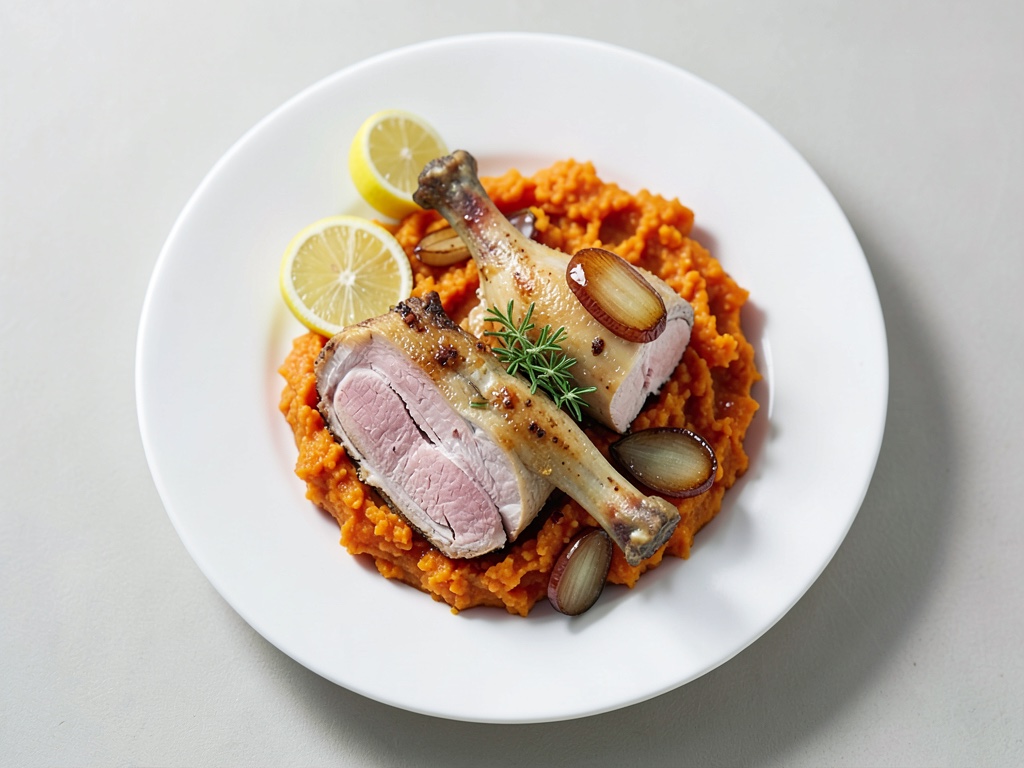 Cuisse de poulet croustillante sur purée de carottes crémeuse avec oignons aigro-doux