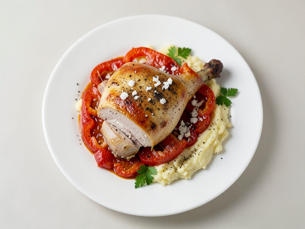 Cosce di pollo croccanti con ragù di peperoni e purè di patate al parmigiano cremoso
