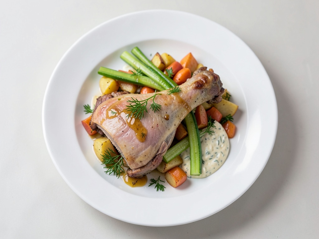 Croustillantes cuisses de poulet aux quartiers de pommes de terre au miel, bâtonnets de concombre et quark aux herbes