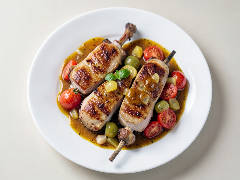 Spiedini di pollo con pomodori al forno e salsa di cipolle e panna acida