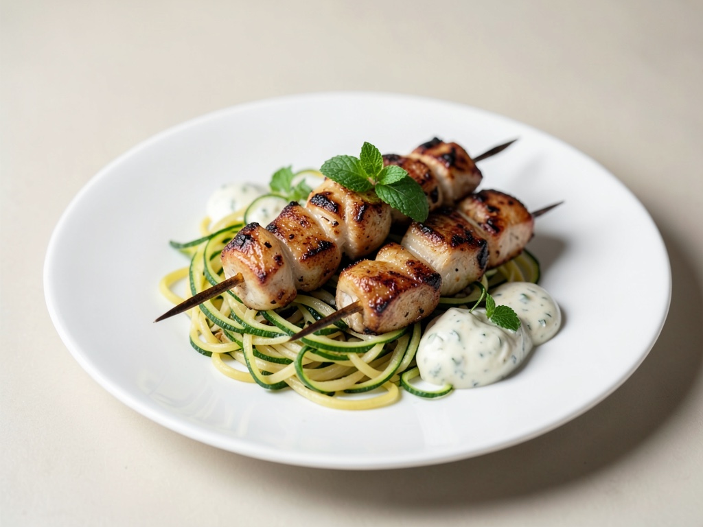 Spiedini di ali di pollo alla griglia con spaghetti di zucchine e salsa all'menta