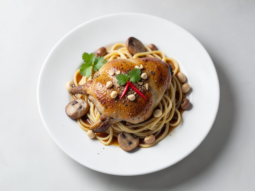 Pollo agrodolce con vermicelli di vetro, funghi e anacardi