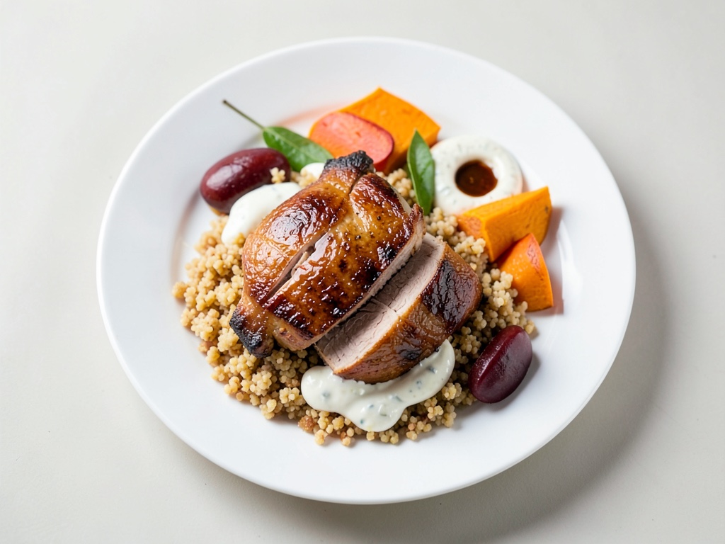 Pollo Teriyaki con calabaza al horno, couscous de ciruelas y yogur