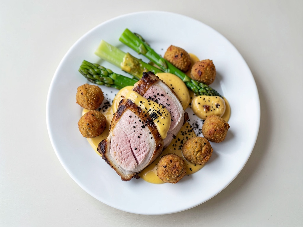 Cosce di pollo con asparagi verdi, crocchette e salsa all'arancia