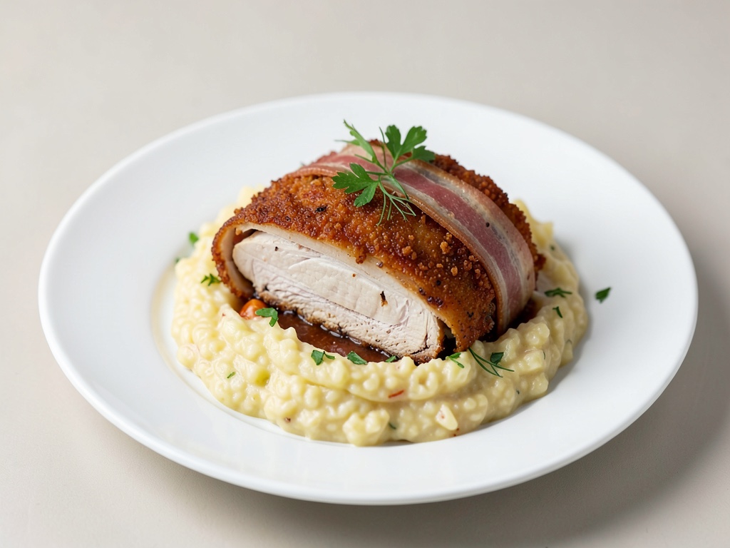Escalope de poulet croustillante enroulée de bacon avec risotto