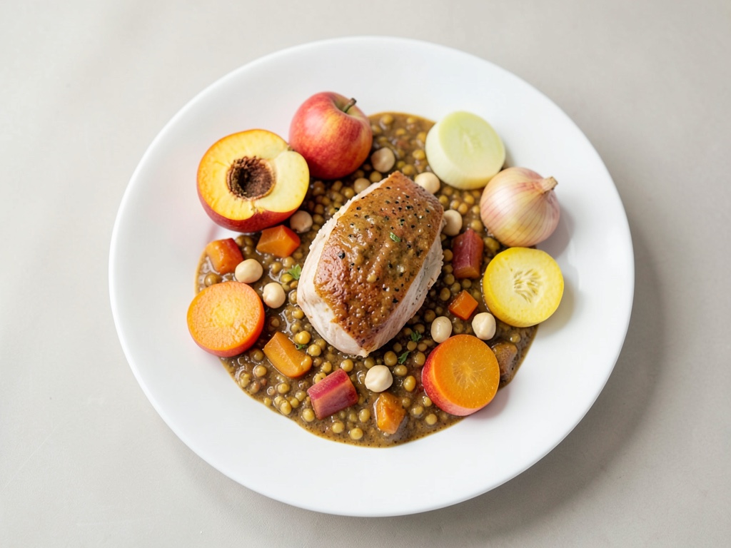 Straccetti di pollo con bulgur al curry, crema di albicocche e cocco e anacardi tostati