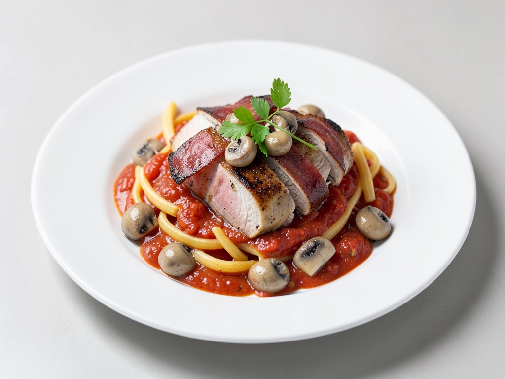 Hähnchenbrust-Nudeln mit Tomaten-Sahne-Speck-Champignon-Sauce