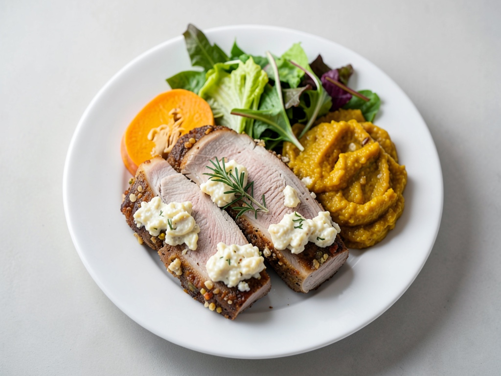 Petto di pollo croccante con crema di zucca e insalata fresca