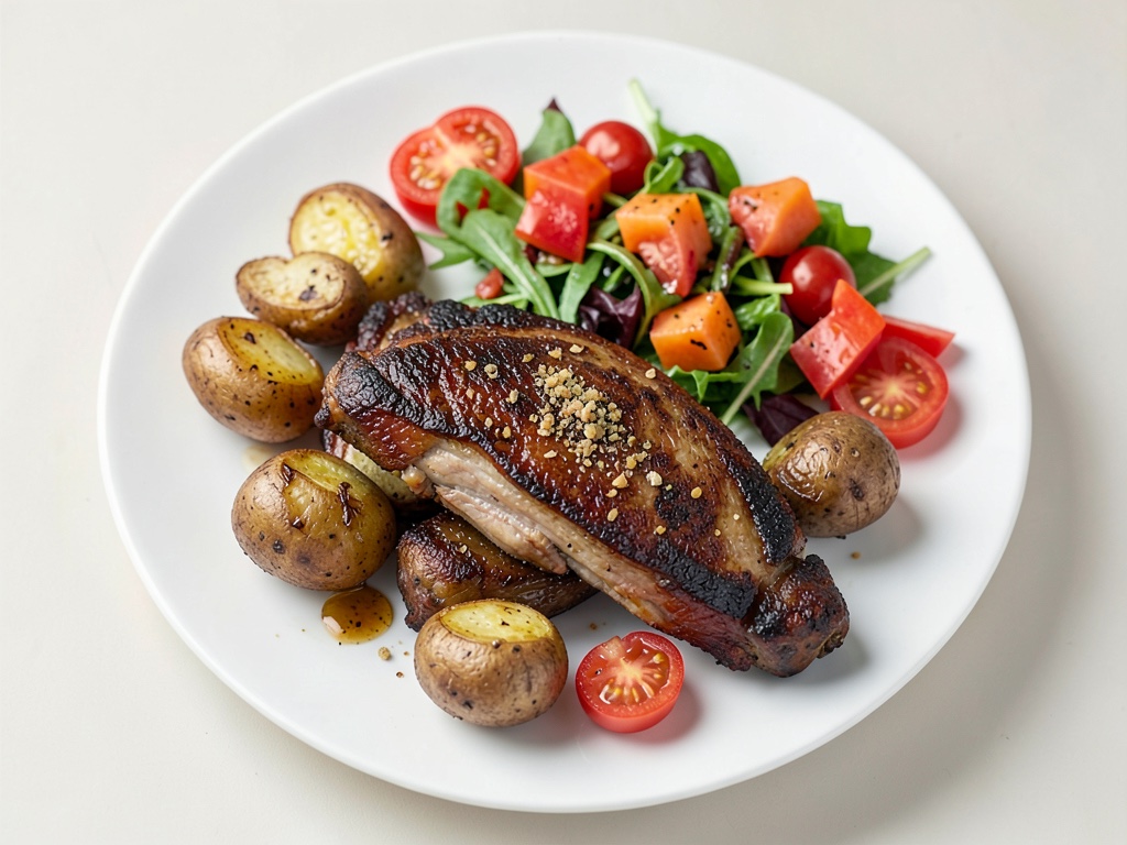 Cosce di pollo croccanti con patate al forno e insalata fresca di melone e pomodori