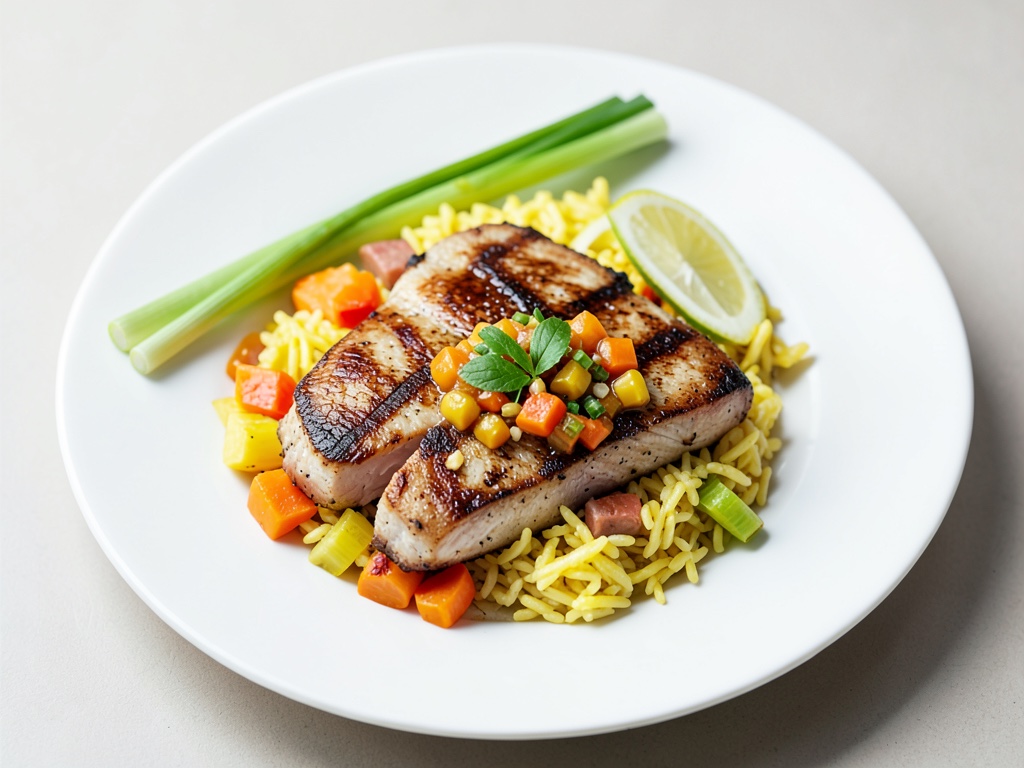 Satay di pollo con salsa di ananas e menta e riso al lime