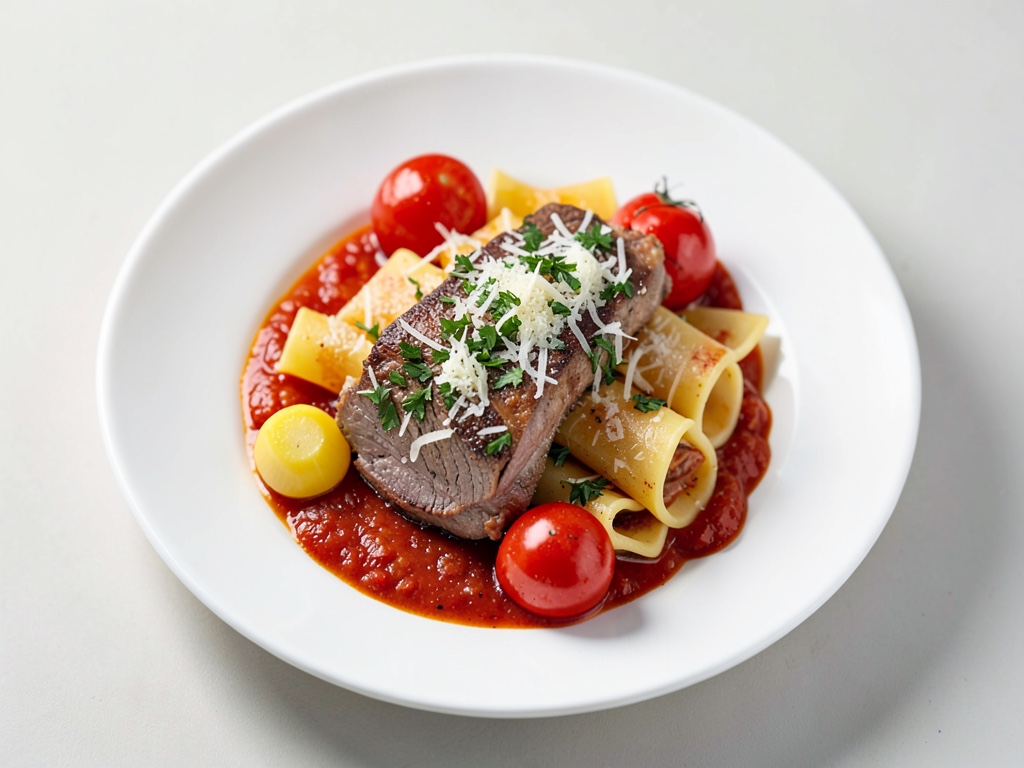 Filetti di pollo croccanti con crosta di formaggio ed erbe su pasta al sugo di pomodoro