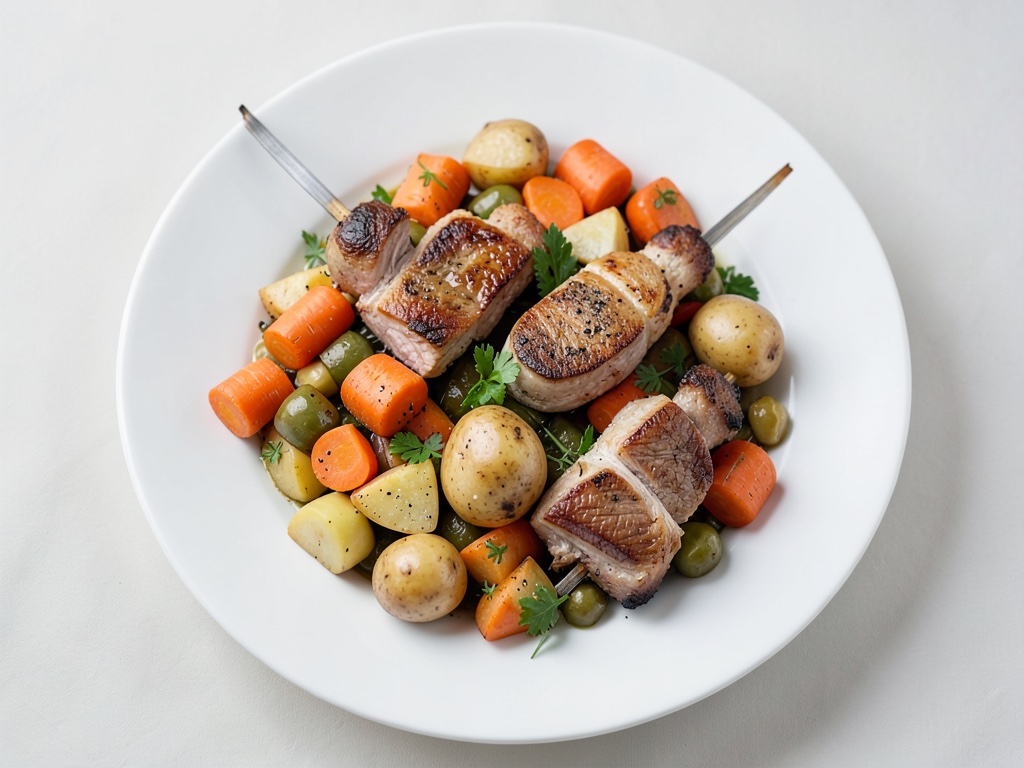 Spiedini di pollo con verdure di patate colorate in padella